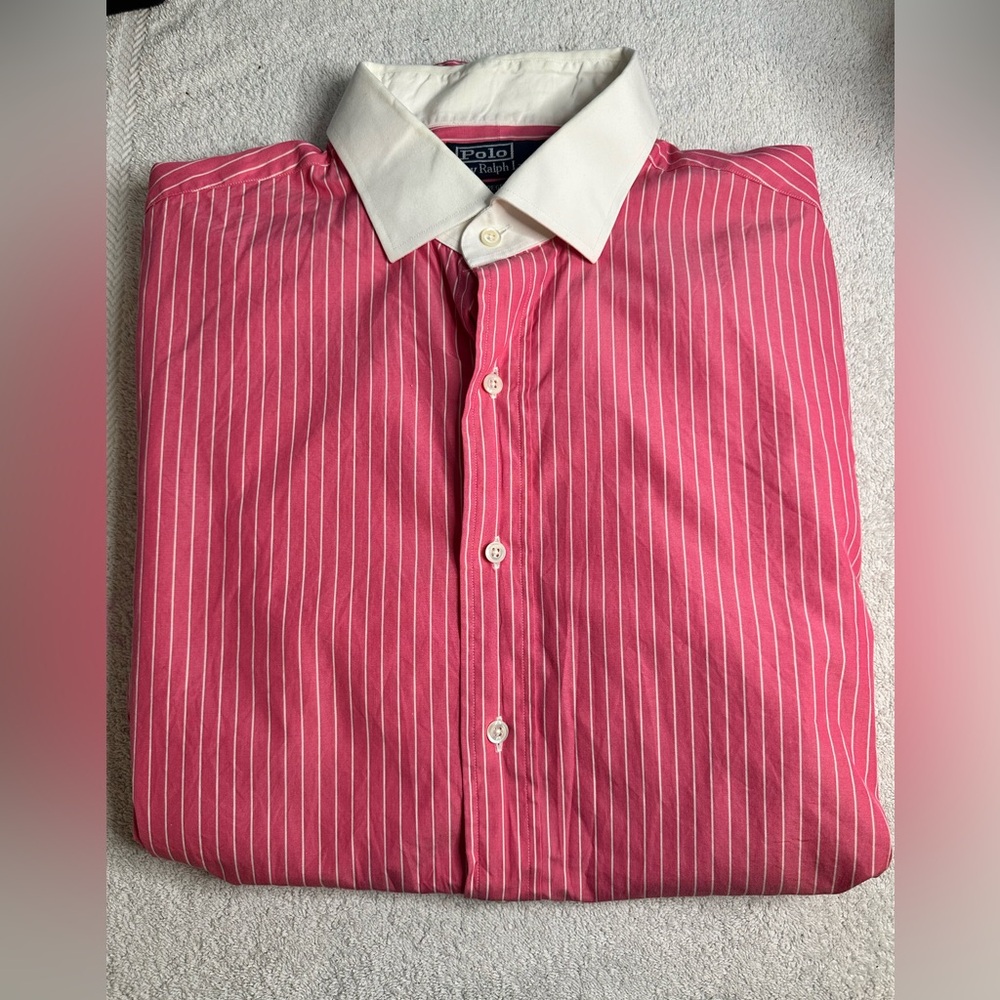 Ralph Lauren Pink Striped Custom Fit Dress Shirt with White Collar